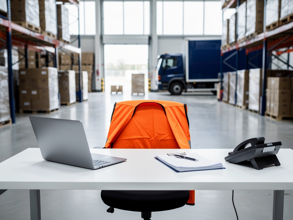 A tidy dispatch desk near the warehouse floor with a laptop, a desk phone, a clipboard and an orange safety vest draped 