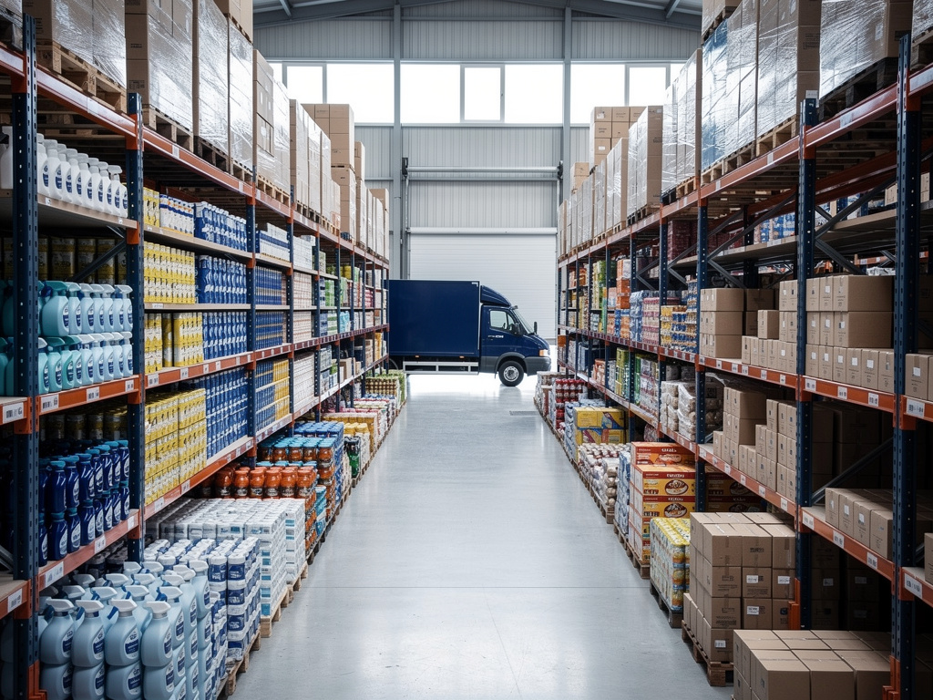 Wide view of racking aisles organized by product type: cleaning bottles, paper goods, packaged food cases and supply box