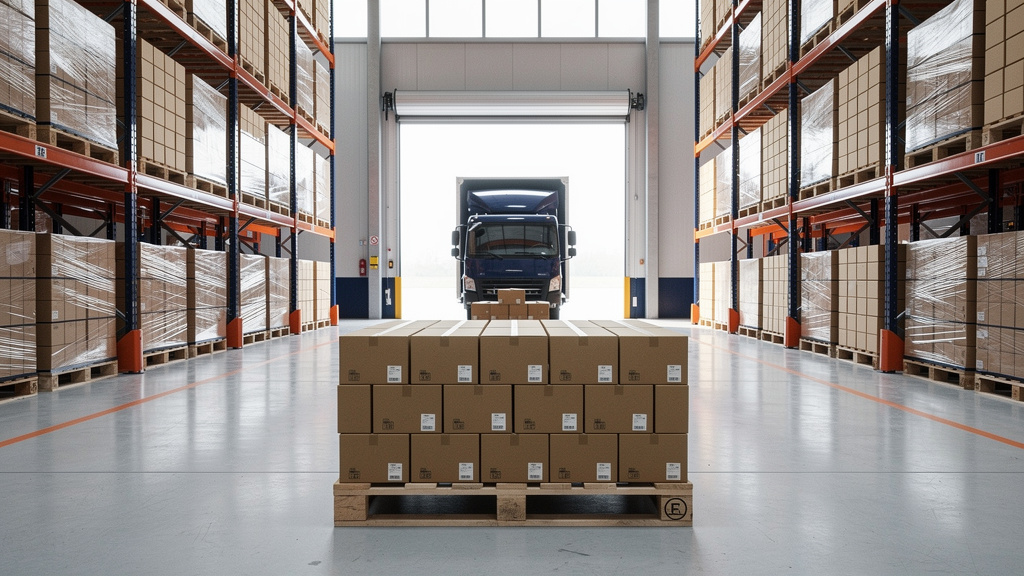 Neatly stacked unbranded cardboard cases on a pallet in the foreground with organized racking aisles and an open loading