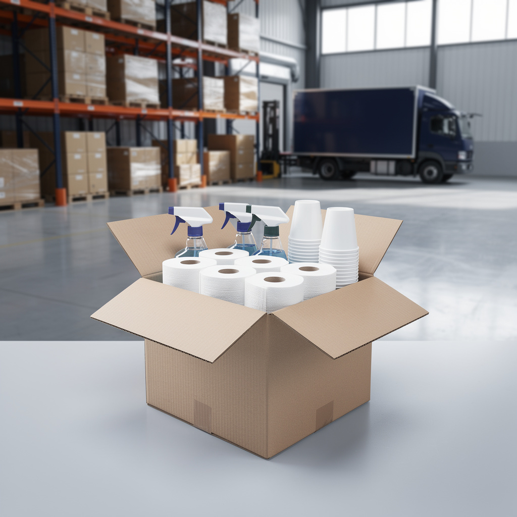 An unbranded corrugated restock box, open to show neatly packed cleaning bottles, paper towel rolls and disposable cups,
