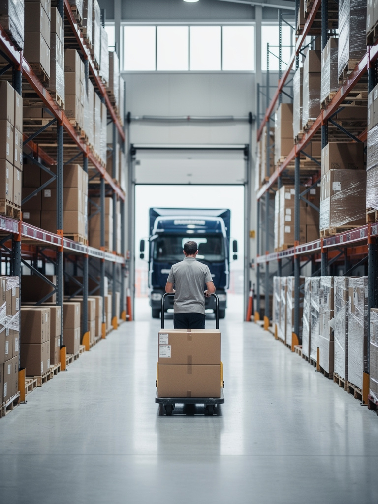 A warehouse worker seen from behind pushing a pallet jack down a clean aisle of labeled-free shelving, softly out of foc